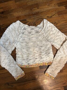 Free People Cream Open-Knit Cropped Sweater with Multicolor Trim